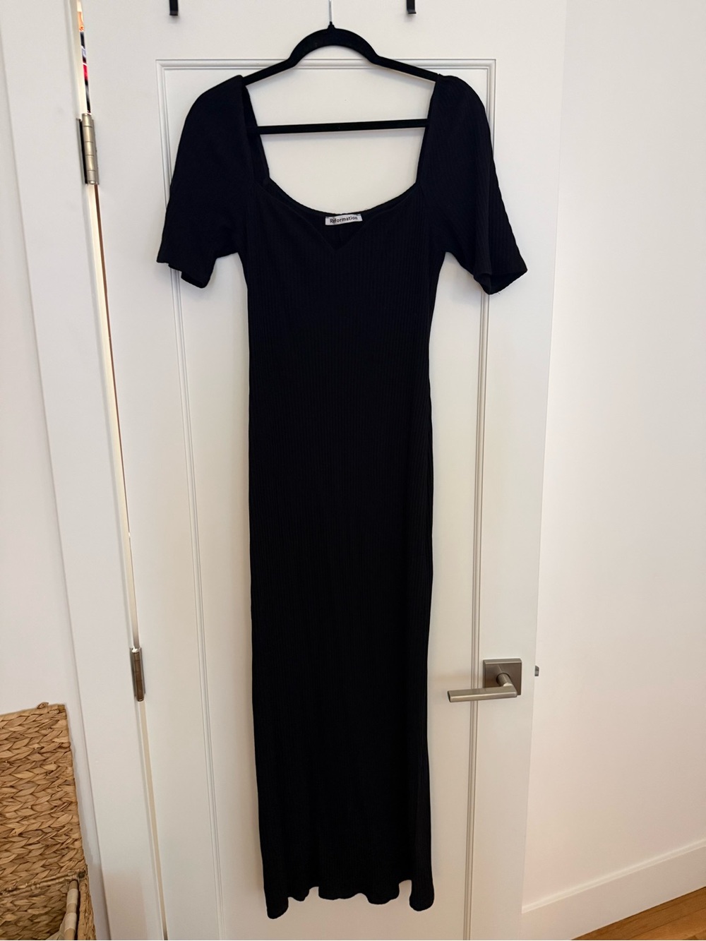 Reformation Black Ribbed Square-Neck Maxi Dress